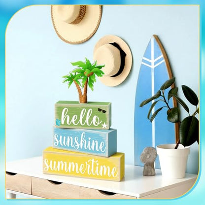 GlikCeil 4 Pcs Summer Wooden Tabletop Decor Hello Summer Tiered Tray Decor Sunshine Centerpiece Rustic Summertime Decorative Block Sign Gift Farmhouse Rustic Table Decoration for Home Kitchen Decors - style: Coconut Tree
