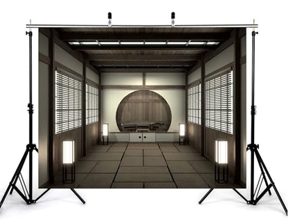 5x3ft Japanese Style Samurai Room Backdrop Katana Display Round Niche Photography Background for Cultural Event and Traditional Home Decor Tapestry Photo Booth Props - size: 5x3ft