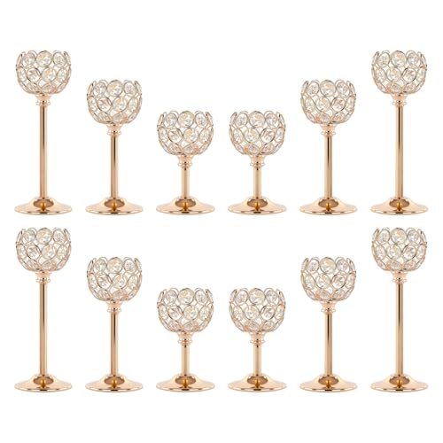 Crystal Candle Holders 4 Set of 12 - Gold Vintage Hollow Ball Candle Stand for Table Centerpiece, Crystal Metal Tealight Candlestick for Wedding, Dining Room Decor - color: Golden, size: 4Sets(12 Pcs)