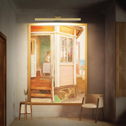 Afyuol Picture Lights for Wall, Brushed Gold Battery Operated Picture Light 24in Art Light CCT Dimmable Recharging Battery Wall Light with Remote Control for Living Room Gallery - color: Brushed Gold, size: 1PC24inches