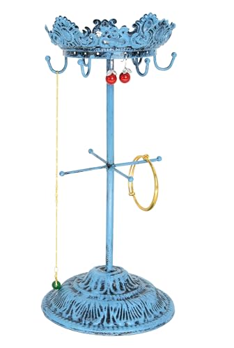 Vintage Crown Jewelry Tower Organizer - 13.1" Metal Jewelry Tree Stand, 6 Hooks, 12 Earring Holes & Bracelet Bars, Decorative Jewelry Display Holder for Necklaces, Earrings, Rings, Watches - Turquoise - color: Turquoise