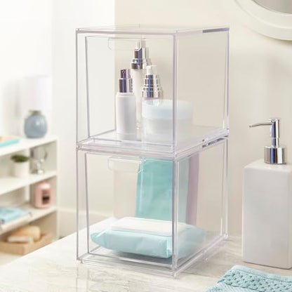 STORi Audrey Stackable Bin Clear Plastic Organizer Drawers | 2 Piece Set | Organize Cosmetics and Beauty Supplies on a Vanity | Made in USA - size: 6.75" Tall Set
