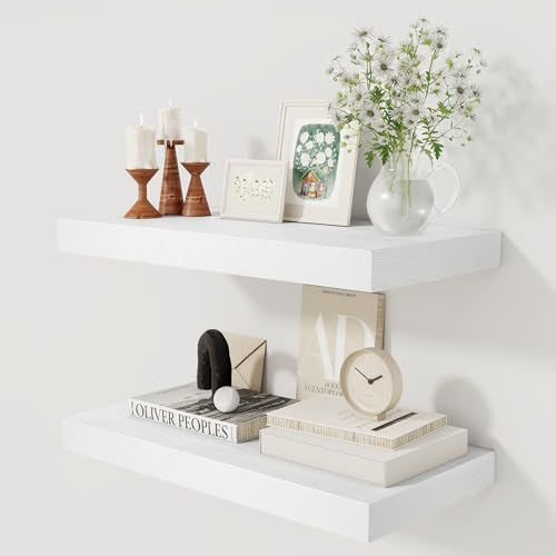 12 Inch Deep White Floating Shelves, 24 x 12 Floating Shelf for Books, Rustic Wood Deep Wall Shelves for Home Storage & Display, 2" Thicked Shelves for Kitchen, Living Room, Bedroom, 2 Pack - color: White, size: 24"w X 12"d, 2 Pack