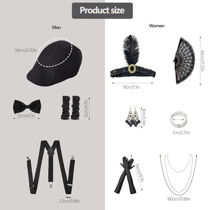 40 Pcs 1920's Party Decoration Couple Cosplay Costume Roaring Retro Costume Including Roaring 20's Photo Booth Props Headband Gloves Gangster Hat Accessories Kit Birthday Theme Party Supplies