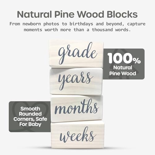 Pondering Pine Baby Milestone Blocks - Natural White Stain Pine Wood with Weeks Months Years Grade - Milestones Age Block Set with Bag, Newborn Weekly Monthly First Year Picture Props, Earth Friendly - color: White, size: 3 Piece