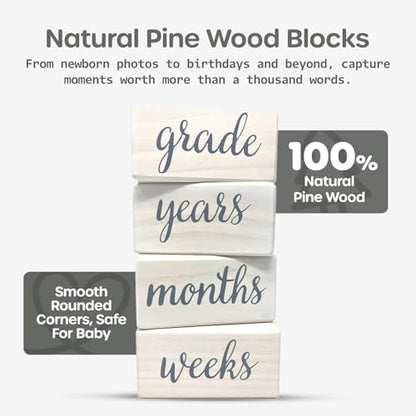Pondering Pine Baby Milestone Blocks - Natural White Stain Pine Wood with Weeks Months Years Grade - Milestones Age Block Set with Bag, Newborn Weekly Monthly First Year Picture Props, Earth Friendly - color: White, size: 3 Piece
