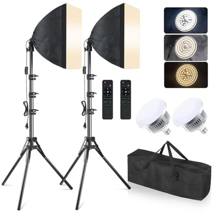 MOUNTDOG Softbox Lighting Kit, 2X 16'' x 16'' Photography Softbox Lighting with 2pcs 85W E27 Socket LED Bulbs and Remote Studio Light for Portrait Product Fashion Photography - color: Beige-2