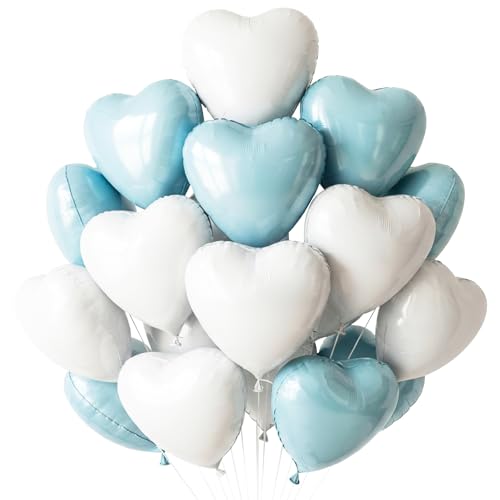 TONIFUL 30Pcs 18 Inch Light Blue White Heart Balloons Pastel Blue Heart Shape Foil Mylar Banners Decoration for Birthday Valentine's Day Wedding Bridal Shower Anniversary Engagement Party Supplies - color: Light Blue White