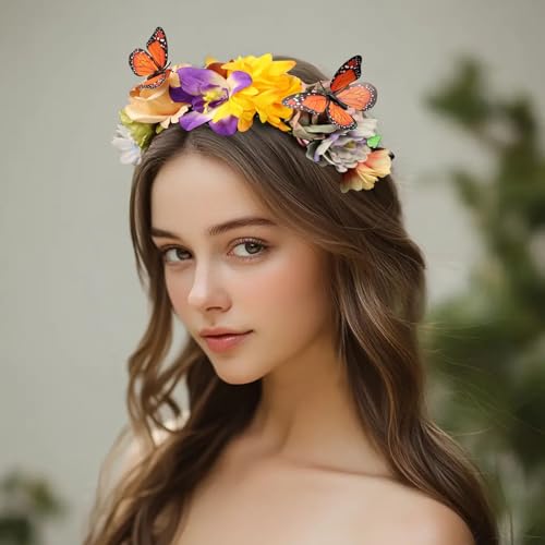 Elegant Butterfly Flower Headband for Women Boho Handmade Rose Floral Crown Wedding Bridal Festivals Cosplay Prom Photo Props Headpiece (C2 yellow, Adjustable) - color: C2 yellow