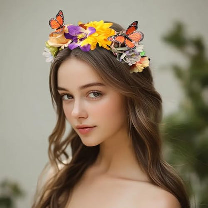 Elegant Butterfly Flower Headband for Women Boho Handmade Rose Floral Crown Wedding Bridal Festivals Cosplay Prom Photo Props Headpiece (C2 yellow, Adjustable) - color: C2 yellow