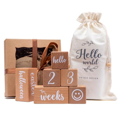 Monthly Baby Milestone Blocks Set of 6 Baby Age Blocks for Monthly Milestone Baby Age Milestone Signs Wooden Baby Photo Props Set Perfect for Baby Shower and Keepsake (Gift Set 6 PCS) - color: wood color 6pcs