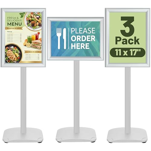 3-Pack Sign Holder Stand with Heavy Duty Base, 11x17 Inch Pedestal Floor Standing Menu&Poster&Signage Holder, Stand for Display Indoor/Outdoor Restaurant, Store, Advertising, Silver - color: Silver, size: 3 Pack - 11x17 in