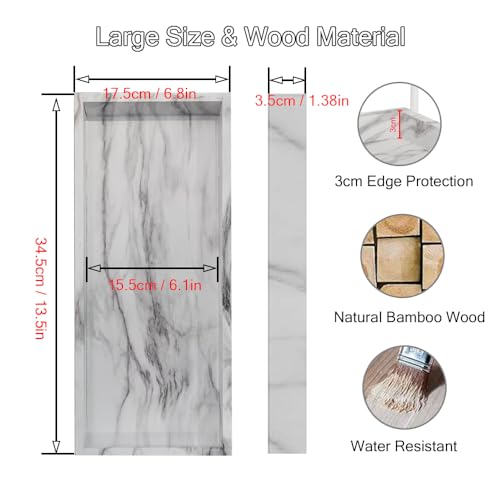 Coret Bathroom Kitchen Countertop Organizer Tray, Elegant Vanity Cosmetic Counter Tray,Waterproof Bamboo Holder Tray for Jewelry Perfume Candle Small Plant Home Decor, Marble White (13.5X 5.7in)