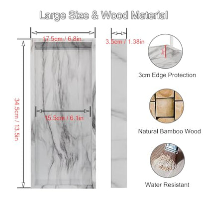 Coret Bathroom Kitchen Countertop Organizer Tray, Elegant Vanity Cosmetic Counter Tray,Waterproof Bamboo Holder Tray for Jewelry Perfume Candle Small Plant Home Decor, Marble White (13.5X 5.7in)