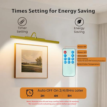 24 Inch Battery Powered Picture Light 6000mAh - Gold Wireless Wall Sconce with Remote & Timer for Photos, Paintings, Art & Home Gallery - color: Gold, size: 24IN-1pack