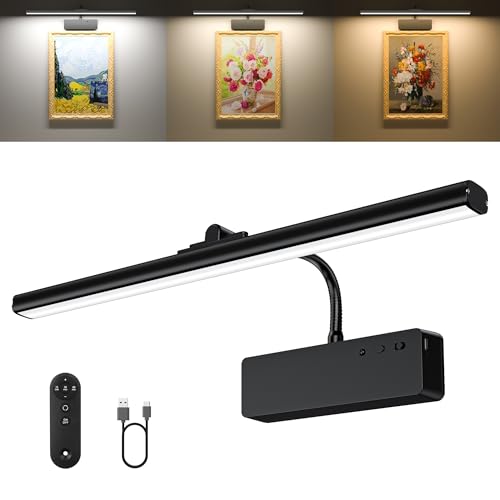 Picture Light, 15.35inch Wireless Picture Lights for Wall Rechargeable, 5400mAh Battery Wall Light with Remote, 3 Color Art Lighting for Paintings with Timer and Dimmable for Display, Gallery (Black) - color: Black, size: 15.35inch-1pack