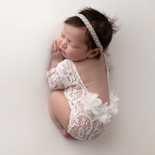 Newborn Lace Romper, 2 PCS Baby Girl Photography Props, Newborn Girl Photography Outfits with Flower Headband for Infants - color: White