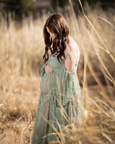 Saslax Soft Stretchy Lace Off Shoulder Doubly Split A-line Skirt Maternity Dress Pregnancy Maxi Gown for Photoshoot - color: Sage, size: Small