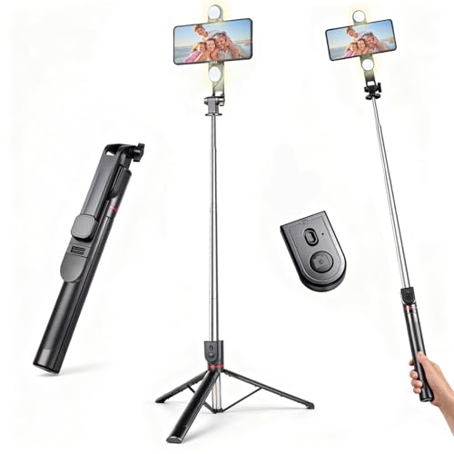71" Phone Tripod Selfie Stick with Light, Cell Phone Tripod Stand with Wireless Remote Compatible with iPhone and Android Phone - style: Tripod with Light