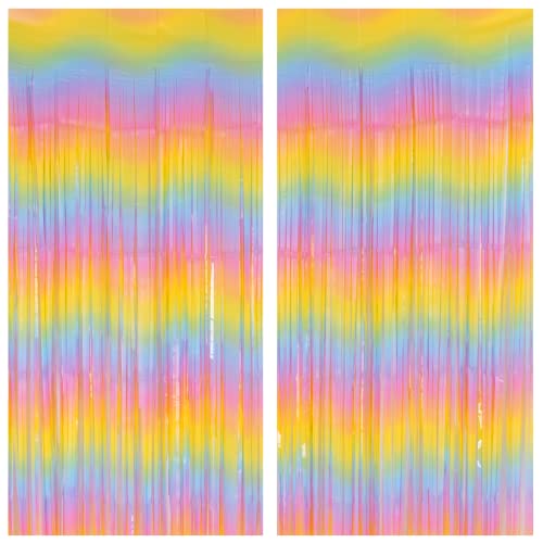 PIGETALE Pastel Rainbow Foil Fringe Curtains, 2Pcs 3.2x8.2ft Metallic Tinsel Foil Streamers Colourful Photo Booths Props Backdrop for Easter Princess Birthday Wedding Engagement Party Decorations - color: Rainbow