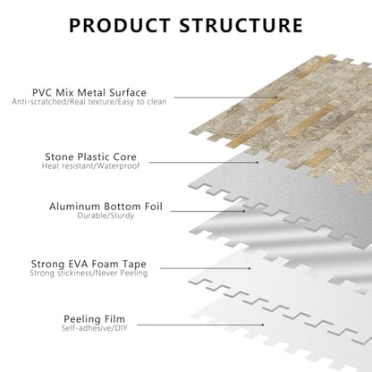 STICKGOO Peel and Stick Backsplash Tile, Stick on Backsplash for Kitchen and Bathroom, Stone Beige Marble Look PVC Mixed Metal Gold Self Adhesive Wall Tiles(Sample) - color: Stone Beige with Metal Gold
