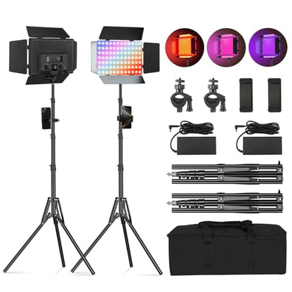 2Pack RGB LED Video Light Kit 12.6in with Barn Door, RGB Photography Light 20W/2500~8500K/14 Effect/2000lux@0.5m LED Panel Light Kit with Light Stand for Gaming Streaming Zoom YouTube Photography