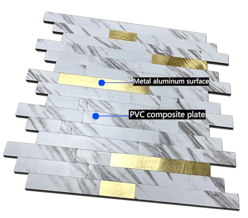 10-Sheet Peel and Stick Backsplash Tile, PVC Mixed Meta,l Stick on Kitchen, Bathroom Vanities, Fireplace Décor, Laundry Table(11.2" X 12.7") (10, White Marble + Golden) - color: White Marble + Golden