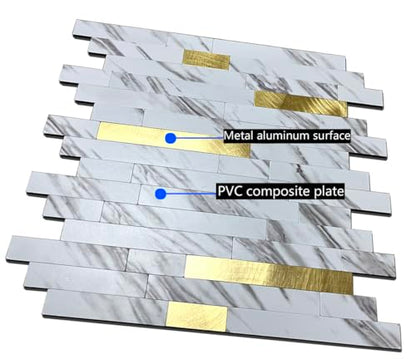 10-Sheet Peel and Stick Backsplash Tile, PVC Mixed Meta,l Stick on Kitchen, Bathroom Vanities, Fireplace Décor, Laundry Table(11.2" X 12.7") (10, White Marble + Golden) - color: White Marble + Golden