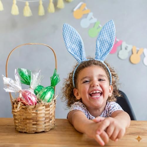 Cute Blue Plaid Easter Bunny Ears Headband for Women, Adjustable Floral Hairband for Easter Party & Spring Photo Prop
