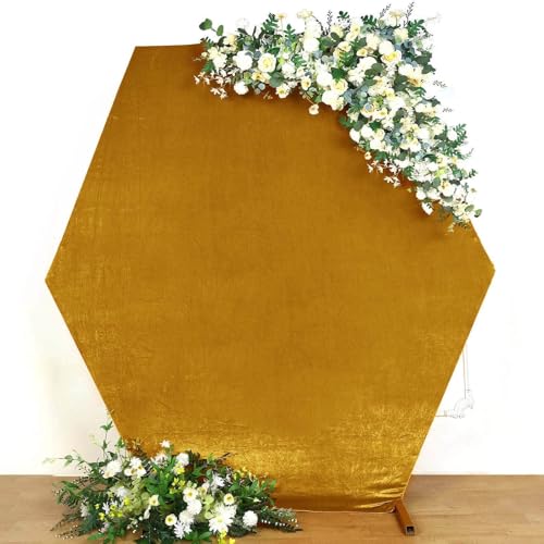 Efavormart 8ftx7ft Metallic Gold Soft Velvet Hexagon Backdrop Stand Cover, Double-Sided Stretchable Fitted Wedding Arch Cover, Premium Velveteen Pullover Backdrop for Party, Events, Ceremonies - color: Gold