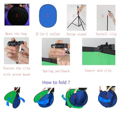 5x7ft/1.5x2m Chromakey Backdrop with 7.8ft/2.4m Stand, 2-in-1 Green Screen and Blue Screen Reversible Collapsible Background Panel for Photography Studio, Live Streaming, Video Shooting, Games - color: Green/Blue