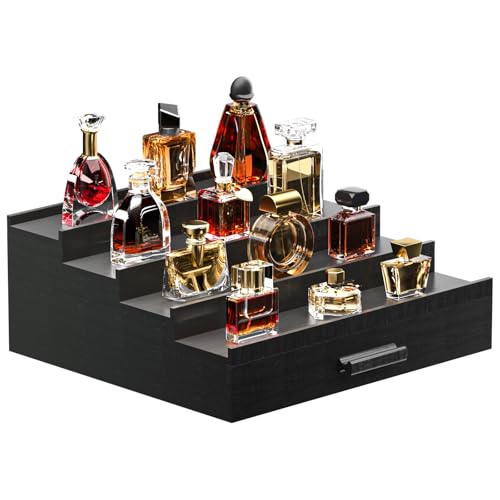Vdamu Cologne Organizer for Men,4 Tier of Elevated Cologne Display Stand with Drawer Storage,Wood Cologne Display,Perfume Organizer and Storage Display Risers,Great Gift for Men (Black) - color: Black