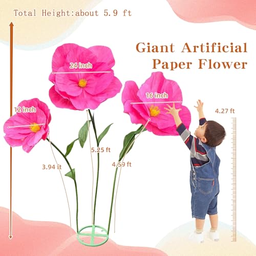 5.9 Ft Large Paper Artificial Flowers,Giant Flowers for Decoration,Standing Huge Handcrafted Poppy Flowers for Garden,Hotel,Office,Photography Props,Wedding,Art Gallery,Shop Window Display(Rose) - color: Rose