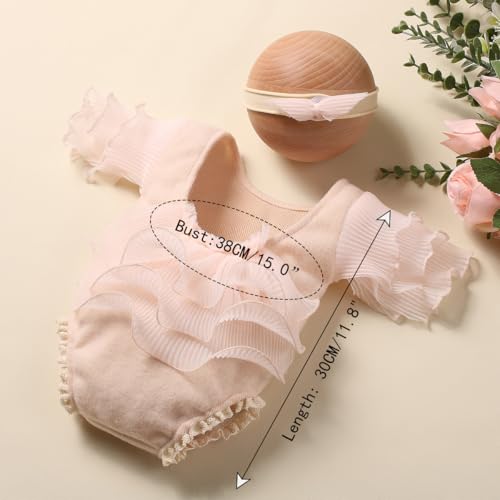 Ylsteed Newborn Photography Outfits Girl Lace Romper with Headband Photo Shoot Outfits Girls Photo Props - Ruffles Beige - color: Beige