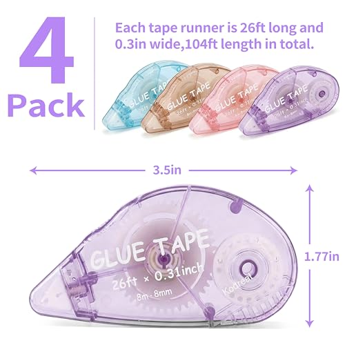 4 Pack Scrapbook Tape Double Sided Tape Rollers for Crafts,Glue Tape Runner for Kids and Adults,School Office Teacher Supplies,0.3IN x 26FT