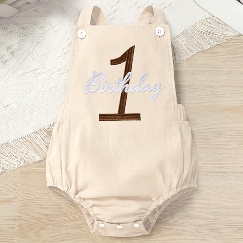 IMEKIS Baby Girls Boys Boho 1st Birthday Outfit Backless Overalls Romper for Cake Smash Photo Shoot - color: Apricot 1 Birthday, size: 9-12 Months