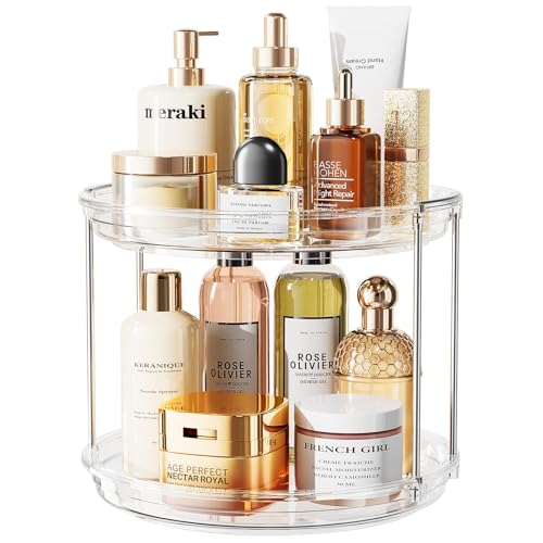 LAMU Rotating Makeup Organizer for Vanity, 10.6in 2 Tier Lazy Susan Turntable Stackable Spinning Skincare Organizer Cosmetic Perfume Tray Display for Bathroom Counterop, Large Capacity, Clear - color: Clear, size: 10.6in 1 Pack