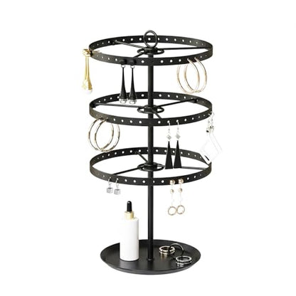 3 Tiers Metal Rotating Earring Holder Organizer Stand Adjustable Display Tree, 126 Holes Large Carousel Rack for Stud Hoop Pierced Dangling Women Girls, Perfect View for All Earrings (Black) - color: Black