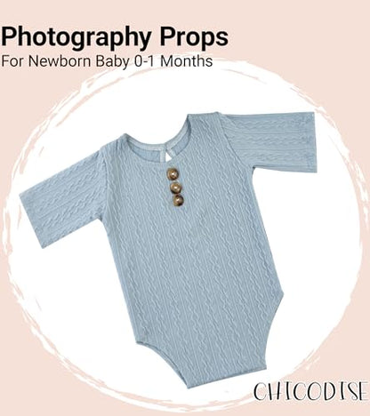 Newborn Photography Props, Infant Photoshoot Outfit Romper & Pom Pom Hat for Baby Boys Girls - color: Light Blue