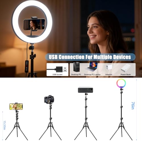 𝗡𝗲𝘄𝗲𝘀𝘁 13" Selfie Ring Light with 63" Stand and 3 Phone Holder, 53 Lighting Modes, iPad Holder, Remote, Desk Tripod, RGB Ringlight for iPhone. Vlogging Circle Led Halo Light Photo Video Kit - size: 13 inch - 53 Lighting Modes