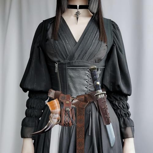 4PCS Medieval Leather Sword Frog Dagger Holder Belt Rapier Scabbard Viking Knight Renaissance Belt Pouch Halloween Costume - color: Pattern-brown