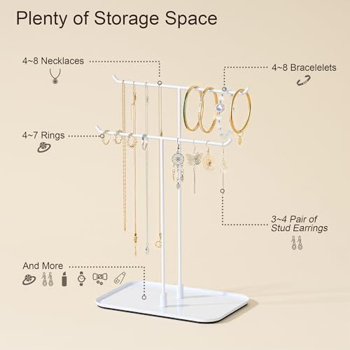 bussdis White Jewelry Organizer Necklace Holder Stand: 2-Tier T-Bar Display with White Metal Tray, Holds Necklaces Bracelets Earrings, Countertop Jewelry Tree  - color: White, size: 12.5" Height