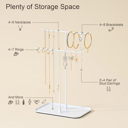 bussdis White Jewelry Organizer Necklace Holder Stand: 2-Tier T-Bar Display with White Metal Tray, Holds Necklaces Bracelets Earrings, Countertop Jewelry Tree  - color: White, size: 12.5" Height