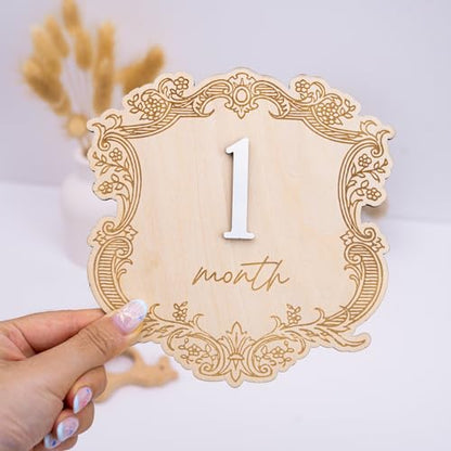 Vintage Wooden Baby Monthly Milestone Set, Elegant Engraved Frame with 3D Numbers and Month Months Signs, Newborn Photo Prop for Baby Monthly Pictures