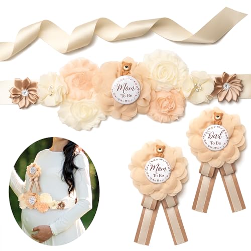 Baby Shower Sash Decorations Mom to Be Corsage Gift Dad to Be Pin 3Pack Set Flower Belt for Maternity Dress - Gender Reveal Pregnancy Photo Props - color: Bear Style