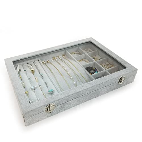Ice Velvet Jewelry Organizer Box for Women Girlfriend Wife,Clear Lid Earrings Rings Necklace Bracelets Jewelry Tray Storage Case Grey - color: 8 Grids & 5 Slots & 6 Necklace Hooks
