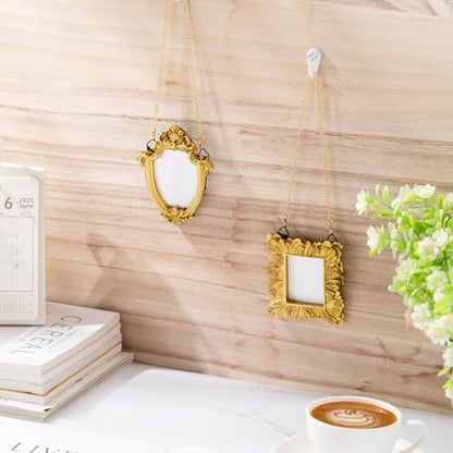 Weysat 10 Pcs Mini Hanging Gold Picture Frame Ornaments Small Hanging Antique Frame with Back and Chain Tiny Baroque Resin Picture Display for Home Wedding Holiday Christmas Tree (Classic Style) - style: Classic