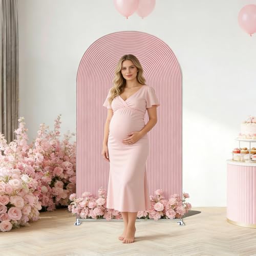 Double-Sided Arch Frame Fabric Cover Beige White Ripples Arched Panel Stand Cover for Wedding Birthday Baby Shower Parties Decoration (Pink-HP462,3X5ft) - color: Pink-HP462, size: 3X5ft