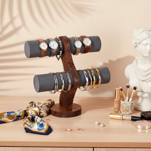 RattanView 2 Tier Walnut Bracelet Holder Display Wooden Watch Stand Organizer T Bar Rack Storage Tower for Selling Retail - color: Gray