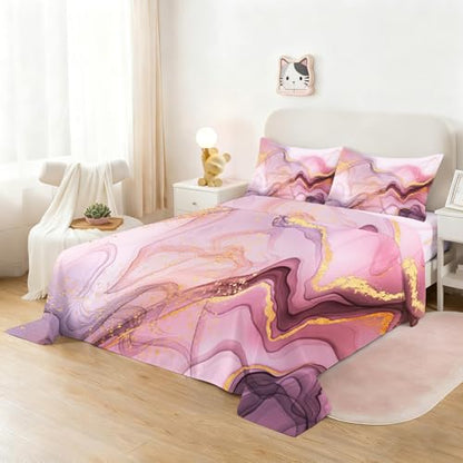 Pink Marble Sheets Set Twin for Girls Pink and Gold Marble Bedding Set Kids Aesthetic Bed Set with 1 Fitted Sheet 1 Flat Sheet and 1 Pillowcase - color: Marble Pink-a, size: Twin